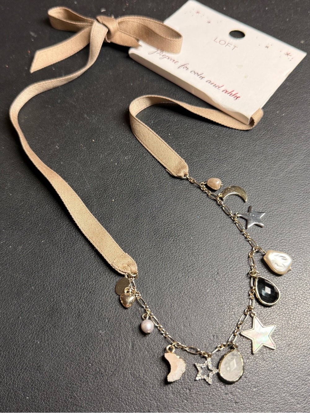 LNWT LOFT Celestial Moon & Stars Ribbon Tie Necklace Gemstones & Pearls MRSP $44